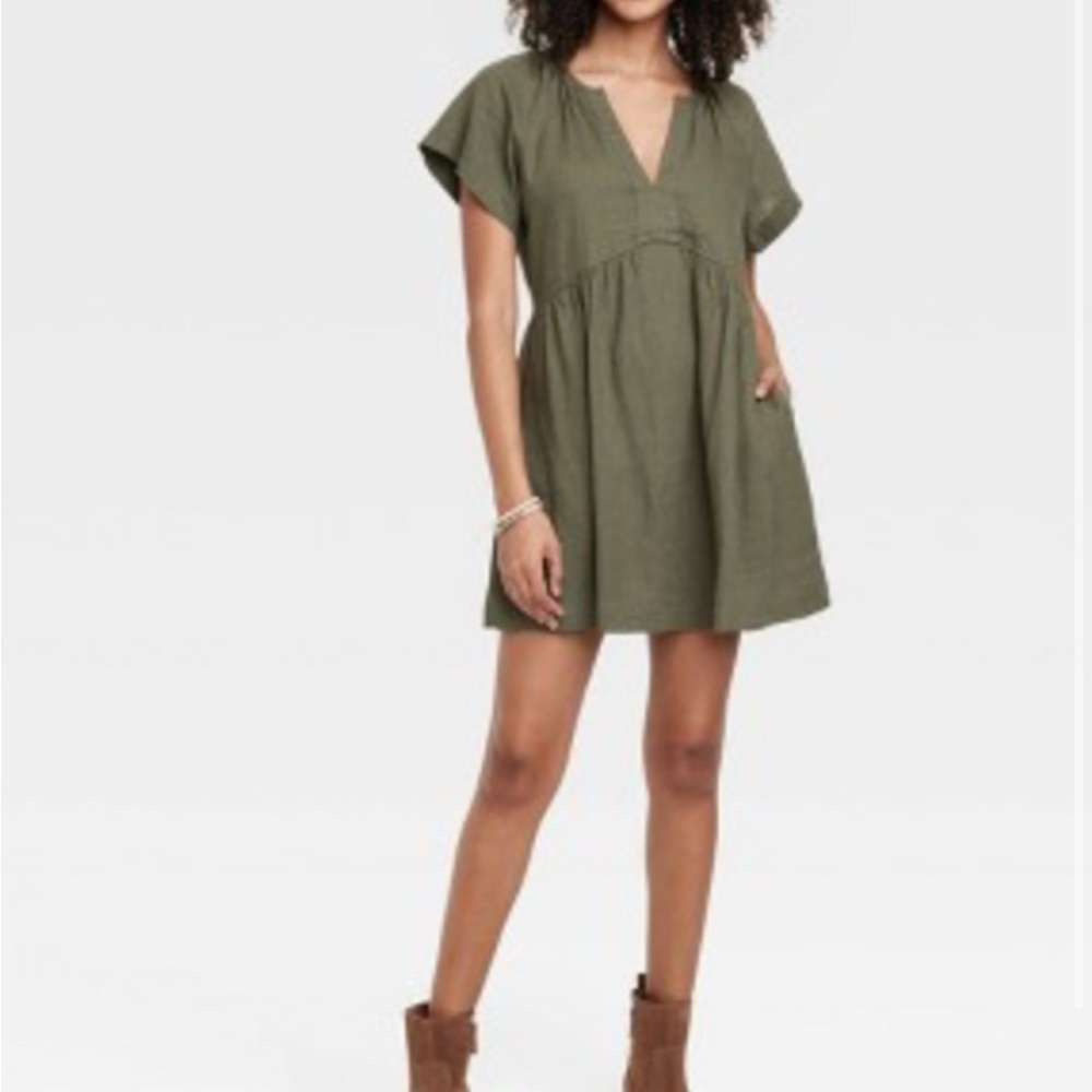 Women’s Short Sleeve Linen Mini Shift Dress Universal Thread Olive Green Medium